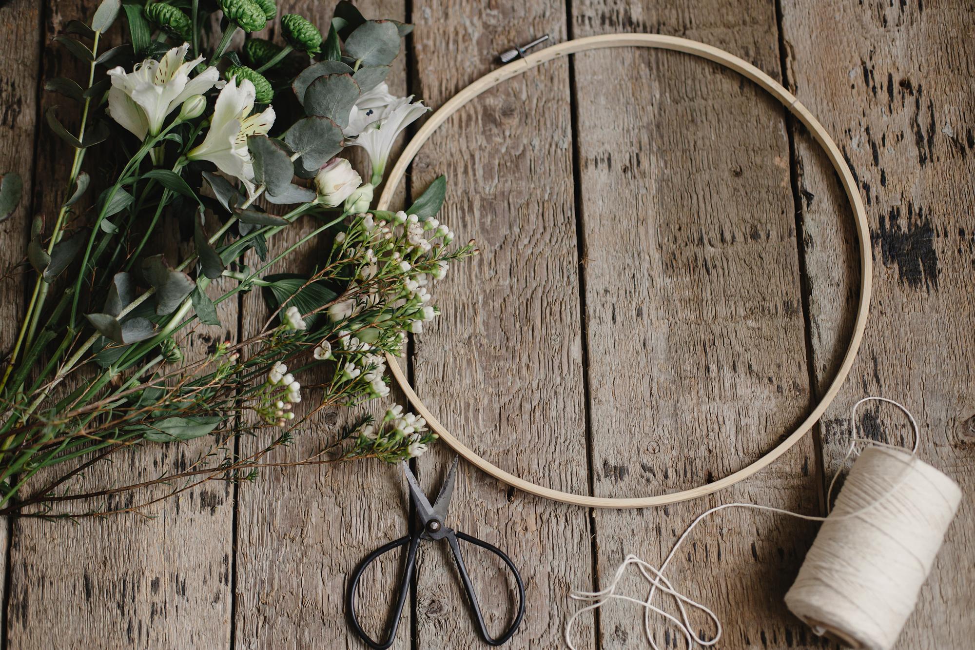 Workshop interior with table, threads and hoop